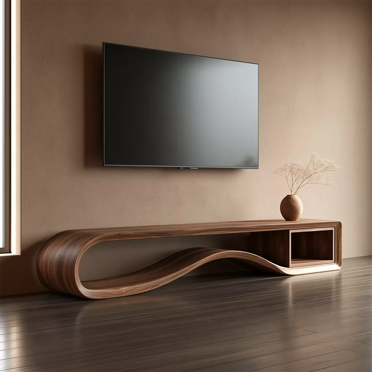 Sculptural Solid Wood TV Cabinet With Wave Open Base Side Shelf And Natural Wood Grain For Modern Living Room - Livewoodcraft - 5