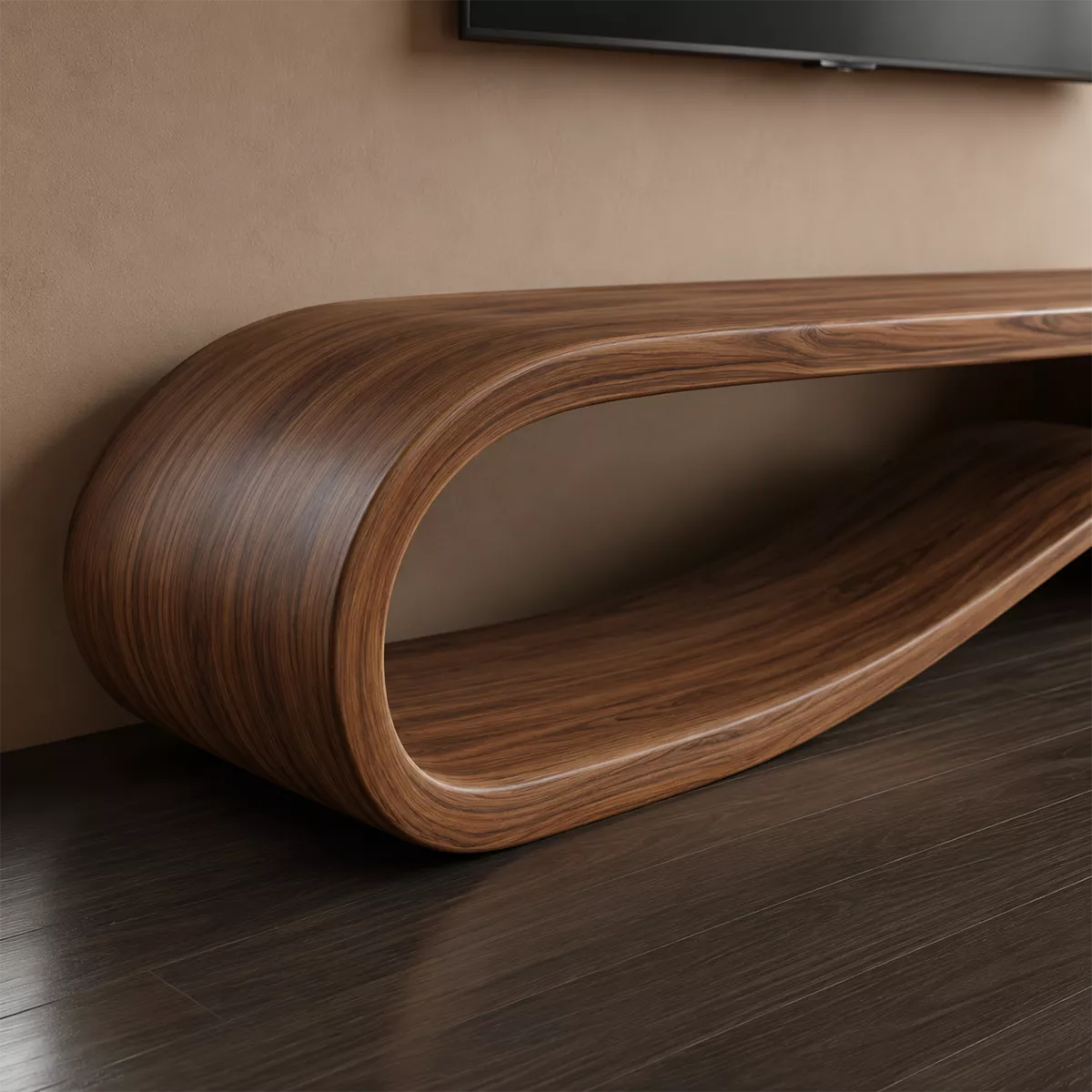 Sculptural Solid Wood TV Cabinet With Wave Open Base Side Shelf And Natural Wood Grain For Modern Living Room - Livewoodcraft - 6