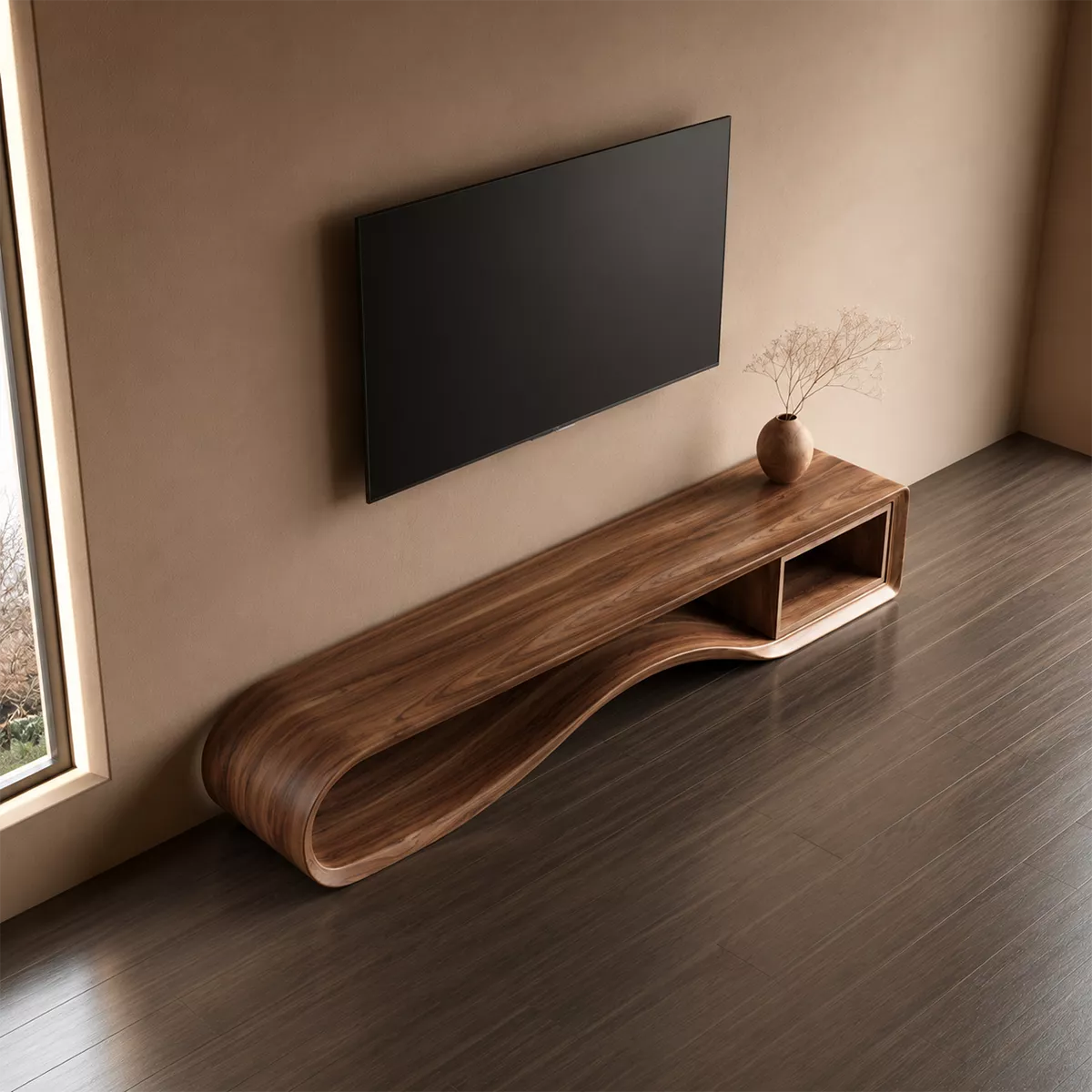 Sculptural Solid Wood TV Cabinet With Wave Open Base Side Shelf And Natural Wood Grain For Modern Living Room - Livewoodcraft - 7