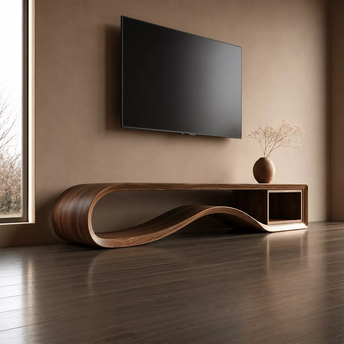 Sculptural Solid Wood TV Cabinet With Wave Open Base Side Shelf And Natural Wood Grain For Modern Living Room - Livewoodcraft - 8