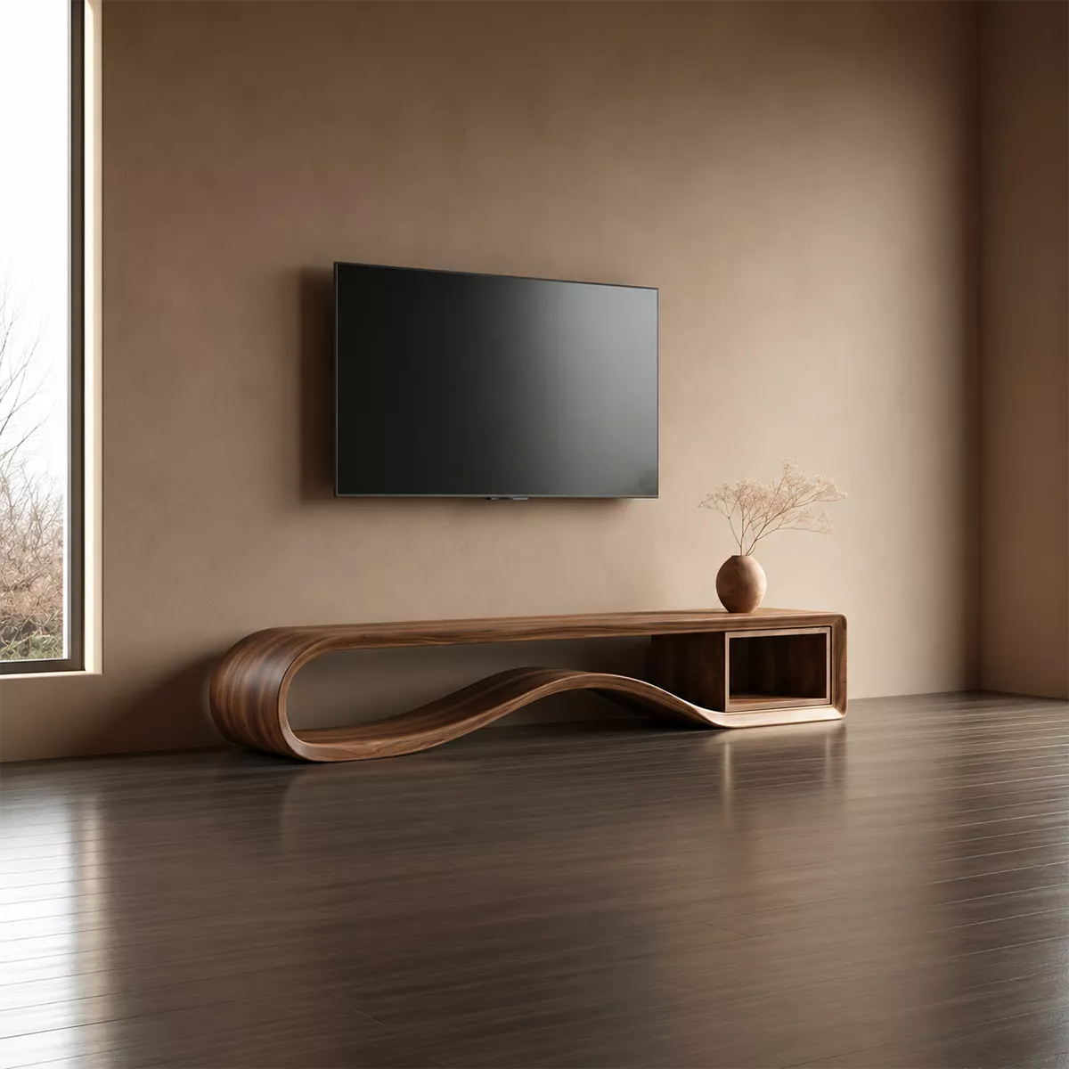 Sculptural Solid Wood TV Cabinet With Wave Open Base Side Shelf And Natural Wood Grain For Modern Living Room - Livewoodcraft - 9