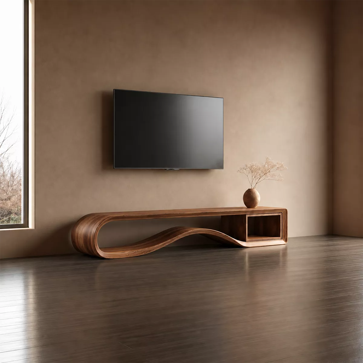 Sculptural Solid Wood TV Cabinet With Wave Open Base Side Shelf And Natural Wood Grain For Modern Living Room - Livewoodcraft