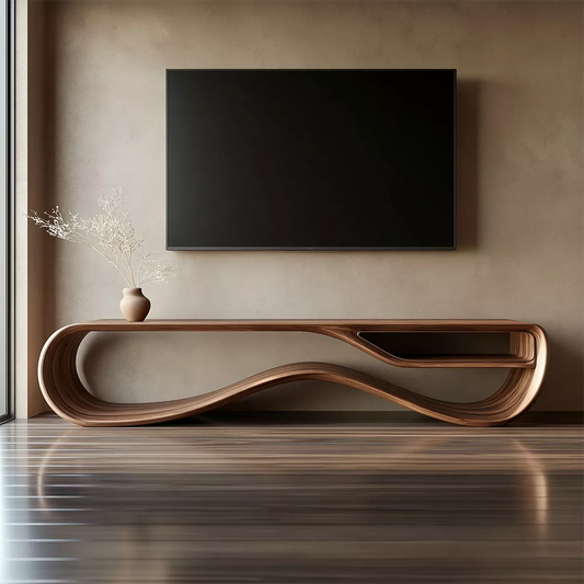 Sculptural Solid Wood TV Cabinet With Wave Open Base Side Storage Shelf And Natural Wood Grain For Modern Living Room - Echotimber