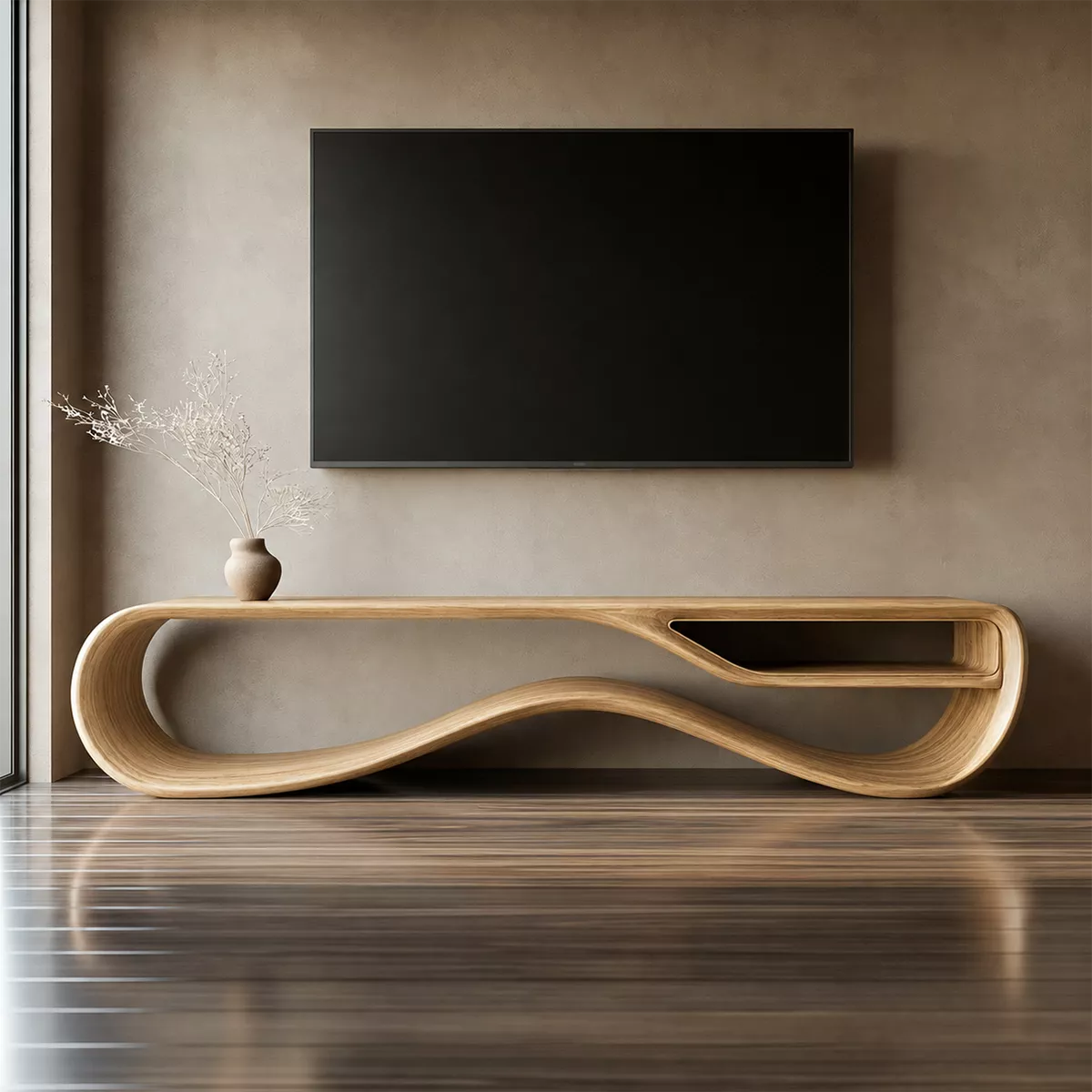 Sculptural Solid Wood TV Cabinet With Wave Open Base Side Storage Shelf And Natural Wood Grain For Modern Living Room - Livewoodcraft - 2