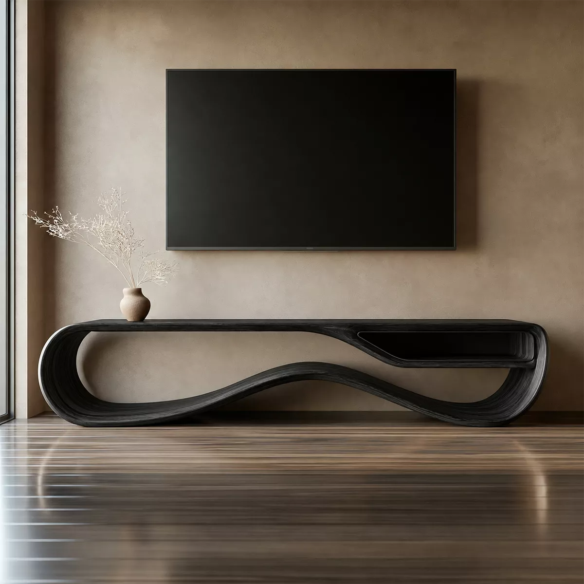 Sculptural Solid Wood TV Cabinet With Wave Open Base Side Storage Shelf And Natural Wood Grain For Modern Living Room - Livewoodcraft - 3