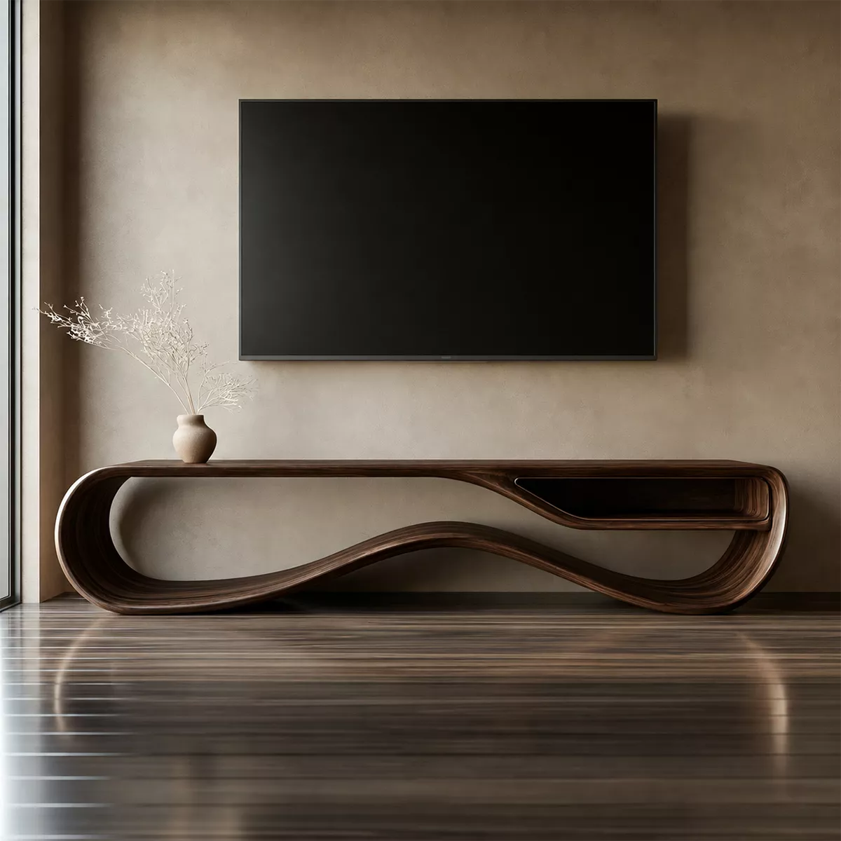 Sculptural Solid Wood TV Cabinet With Wave Open Base Side Storage Shelf And Natural Wood Grain For Modern Living Room - Livewoodcraft - 4