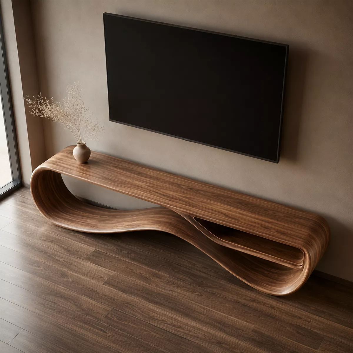 Sculptural Solid Wood TV Cabinet With Wave Open Base Side Storage Shelf And Natural Wood Grain For Modern Living Room - Livewoodcraft - 6