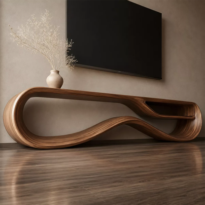 Sculptural Solid Wood TV Cabinet With Wave Open Base Side Storage Shelf And Natural Wood Grain For Modern Living Room - Livewoodcraft - 7