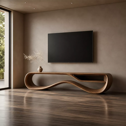 Sculptural Solid Wood TV Cabinet With Wave Open Base Side Storage Shelf And Natural Wood Grain For Modern Living Room - Livewoodcraft - 8