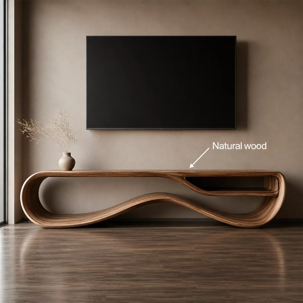Sculptural Solid Wood TV Cabinet With Wave Open Base Side Storage Shelf And Natural Wood Grain For Modern Living Room - Livewoodcraft - 9