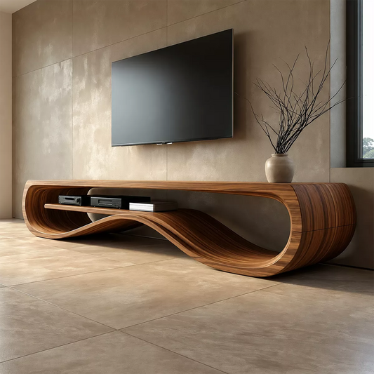 Sculptural Solid Wood TV Cabinet With Wave Open Shelf Rounded Waterfall Sides And Natural Wood Grain For Modern Living Room - Echotimber