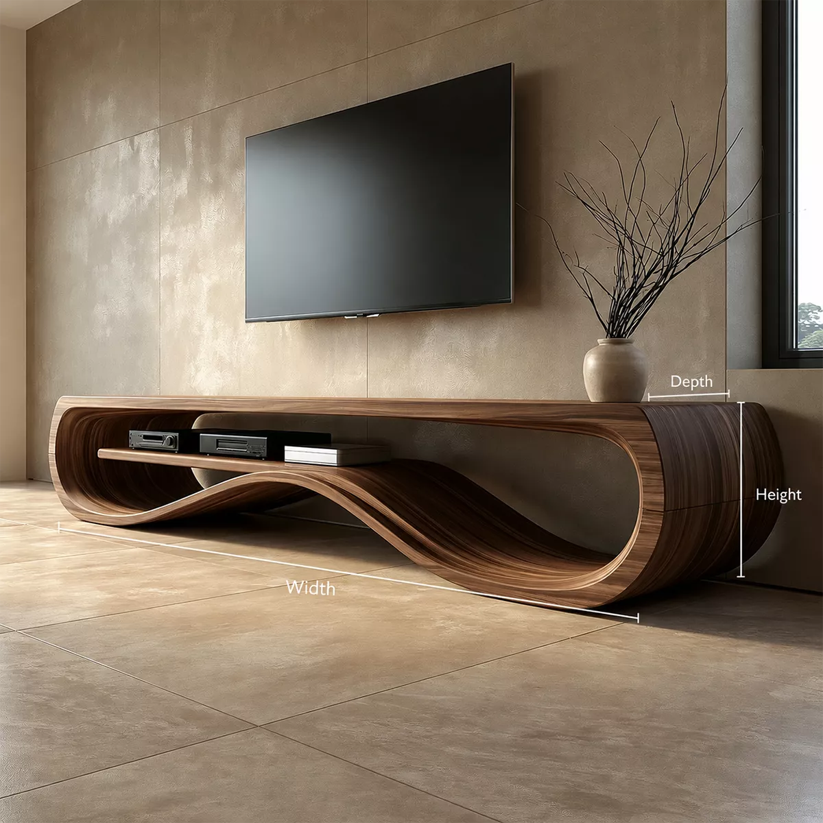 Sculptural Solid Wood TV Cabinet With Wave Open Shelf Rounded Waterfall Sides And Natural Wood Grain For Modern Living Room - Livewoodcraft - 10