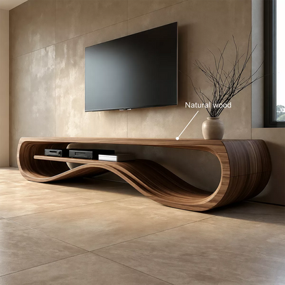 Sculptural Solid Wood TV Cabinet With Wave Open Shelf Rounded Waterfall Sides And Natural Wood Grain For Modern Living Room - Livewoodcraft - 11