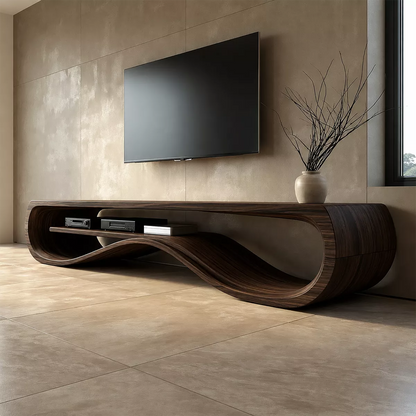 Sculptural Solid Wood TV Cabinet With Wave Open Shelf Rounded Waterfall Sides And Natural Wood Grain For Modern Living Room - Livewoodcraft - 2