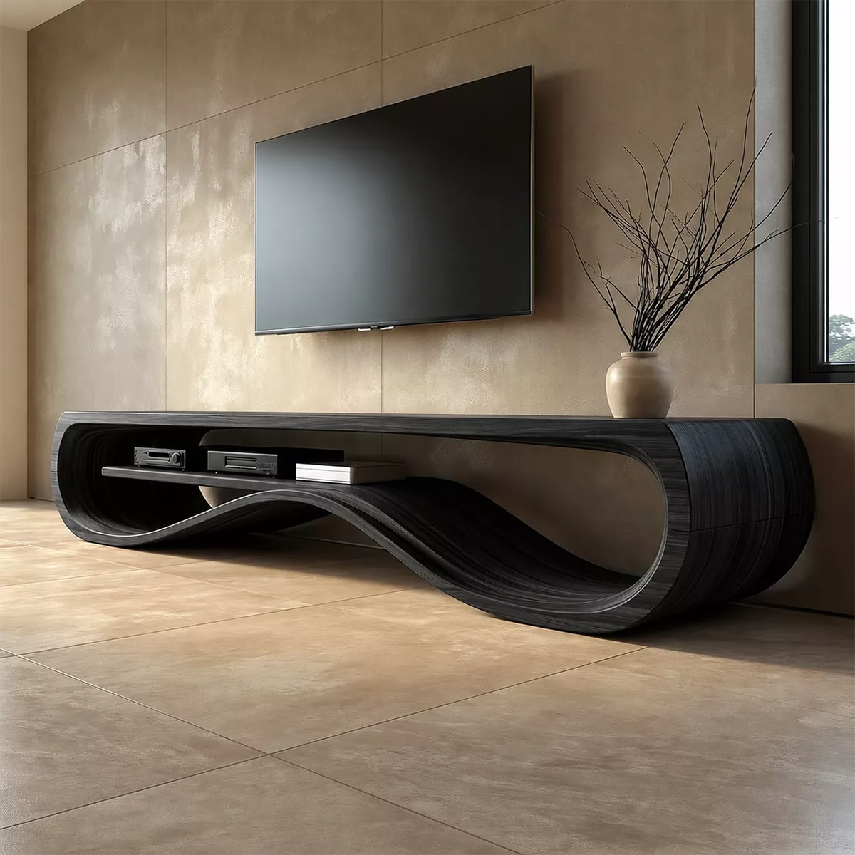 Sculptural Solid Wood TV Cabinet With Wave Open Shelf Rounded Waterfall Sides And Natural Wood Grain For Modern Living Room - Livewoodcraft - 3