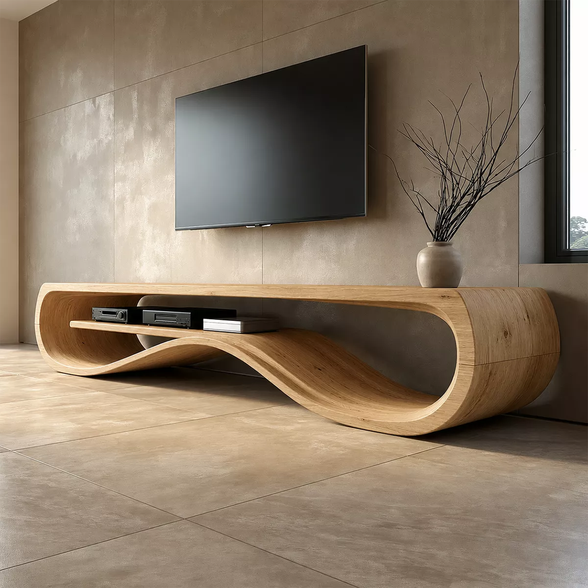 Sculptural Solid Wood TV Cabinet With Wave Open Shelf Rounded Waterfall Sides And Natural Wood Grain For Modern Living Room - Livewoodcraft - 4