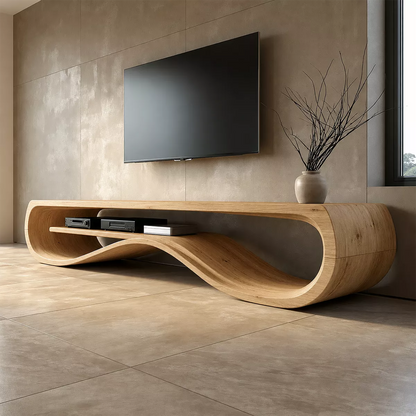 Sculptural Solid Wood TV Cabinet With Wave Open Shelf Rounded Waterfall Sides And Natural Wood Grain For Modern Living Room - Livewoodcraft - 4