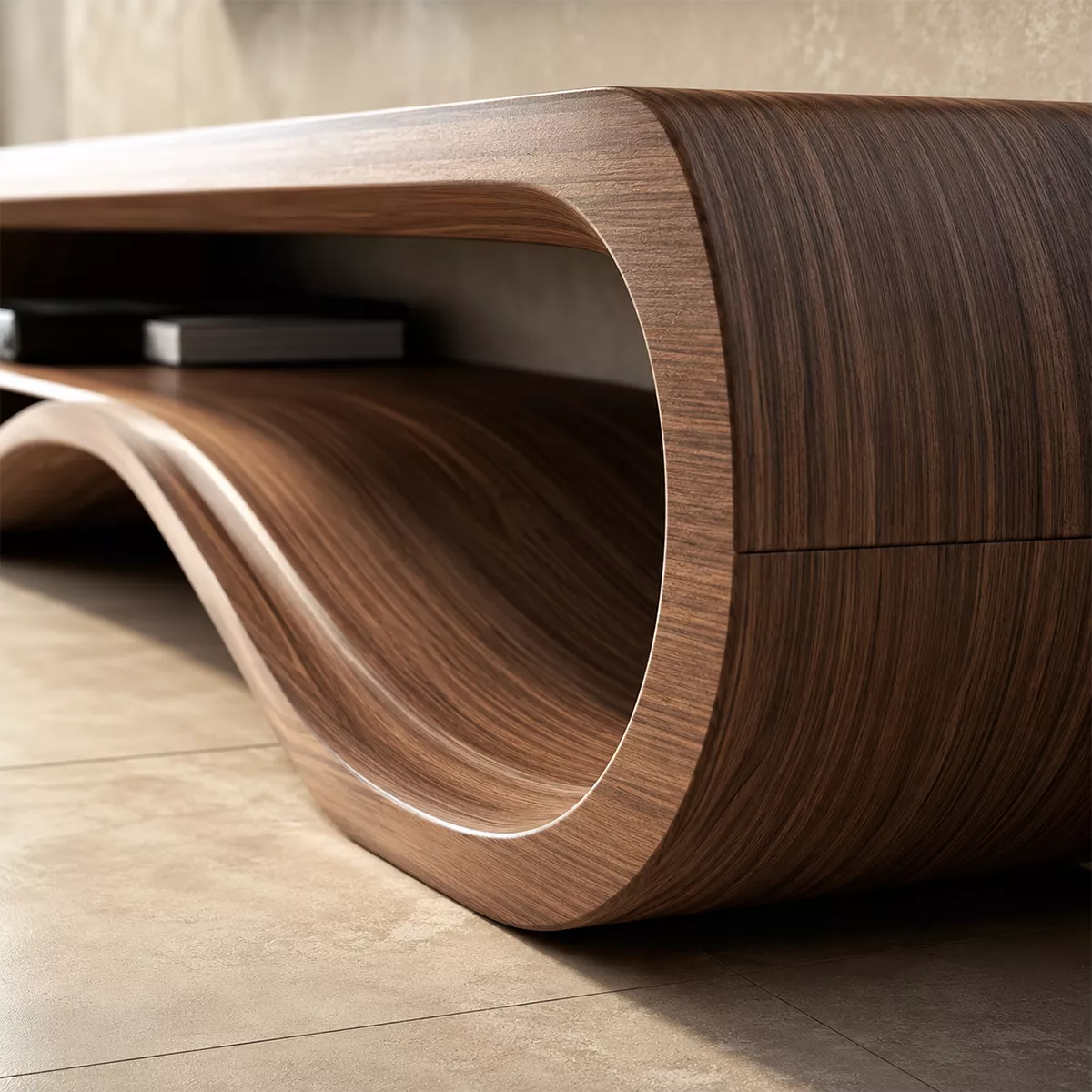 Sculptural Solid Wood TV Cabinet With Wave Open Shelf Rounded Waterfall Sides And Natural Wood Grain For Modern Living Room - Livewoodcraft - 6