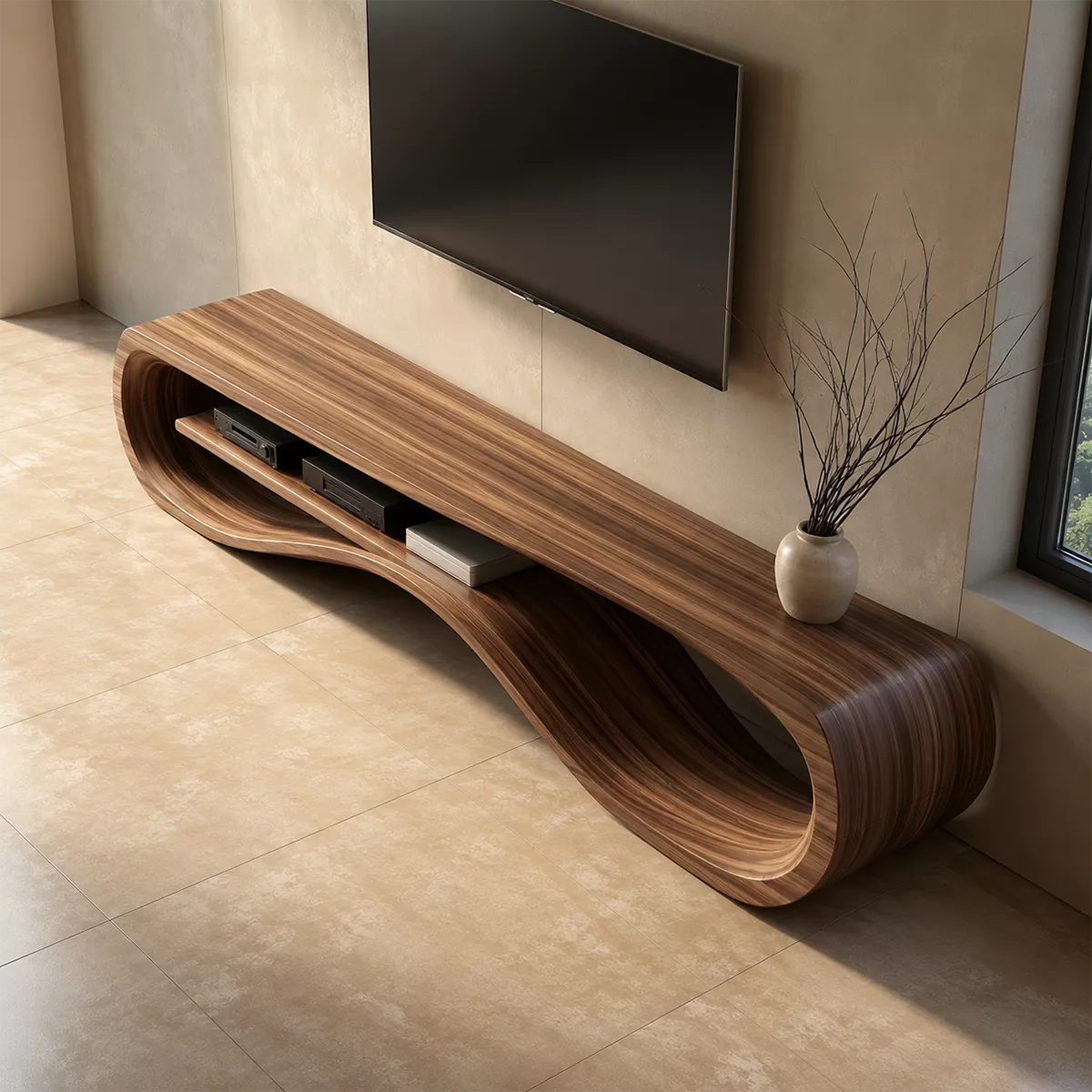 Sculptural Solid Wood TV Cabinet With Wave Open Shelf Rounded Waterfall Sides And Natural Wood Grain For Modern Living Room - Livewoodcraft - 7