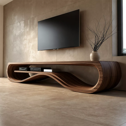 Sculptural Solid Wood TV Cabinet With Wave Open Shelf Rounded Waterfall Sides And Natural Wood Grain For Modern Living Room - Livewoodcraft - 8