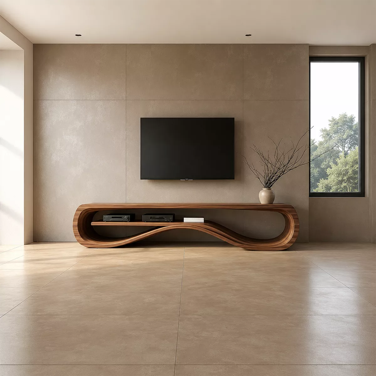 Sculptural Solid Wood TV Cabinet With Wave Open Shelf Rounded Waterfall Sides And Natural Wood Grain For Modern Living Room - Livewoodcraft - 9
