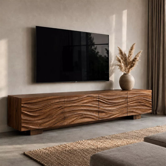Sculptural Solid Wood TV Stand With Carved Wave Front And Natural Wood Grain For Living Room - Echotimber