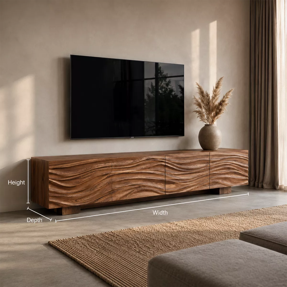 Sculptural Solid Wood TV Stand With Carved Wave Front And Natural Wood Grain For Living Room - Livewoodcraft - 10