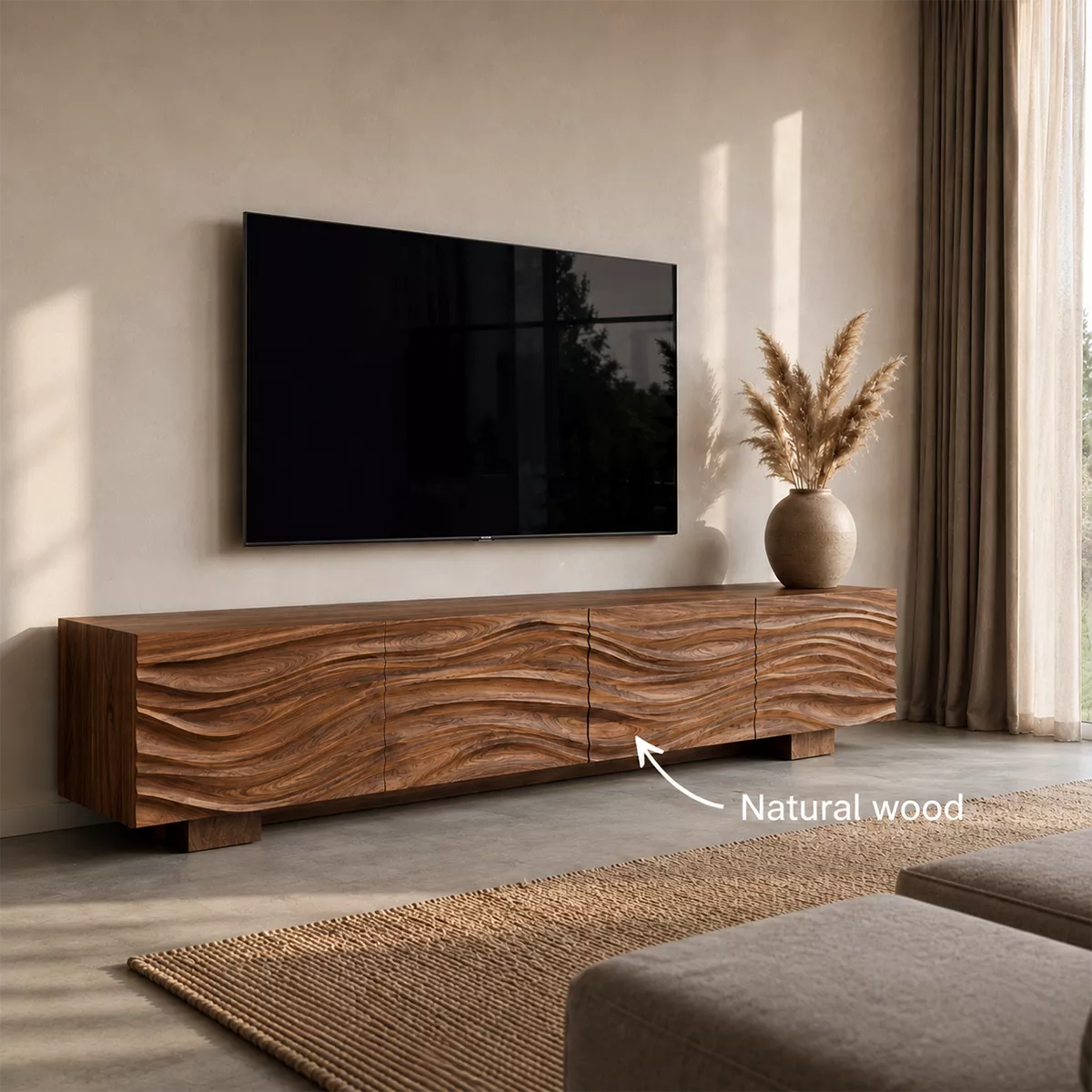 Sculptural Solid Wood TV Stand With Carved Wave Front And Natural Wood Grain For Living Room - Livewoodcraft - 11