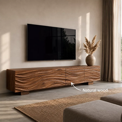 Sculptural Solid Wood TV Stand With Carved Wave Front And Natural Wood Grain For Living Room - Livewoodcraft - 11