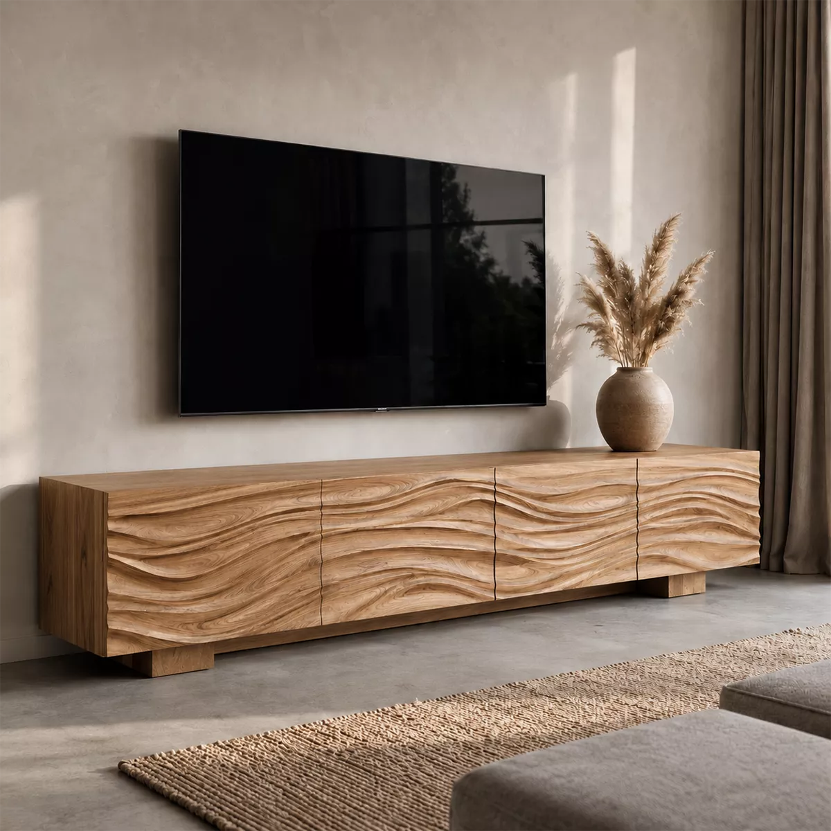Sculptural Solid Wood TV Stand With Carved Wave Front And Natural Wood Grain For Living Room - Livewoodcraft - 2