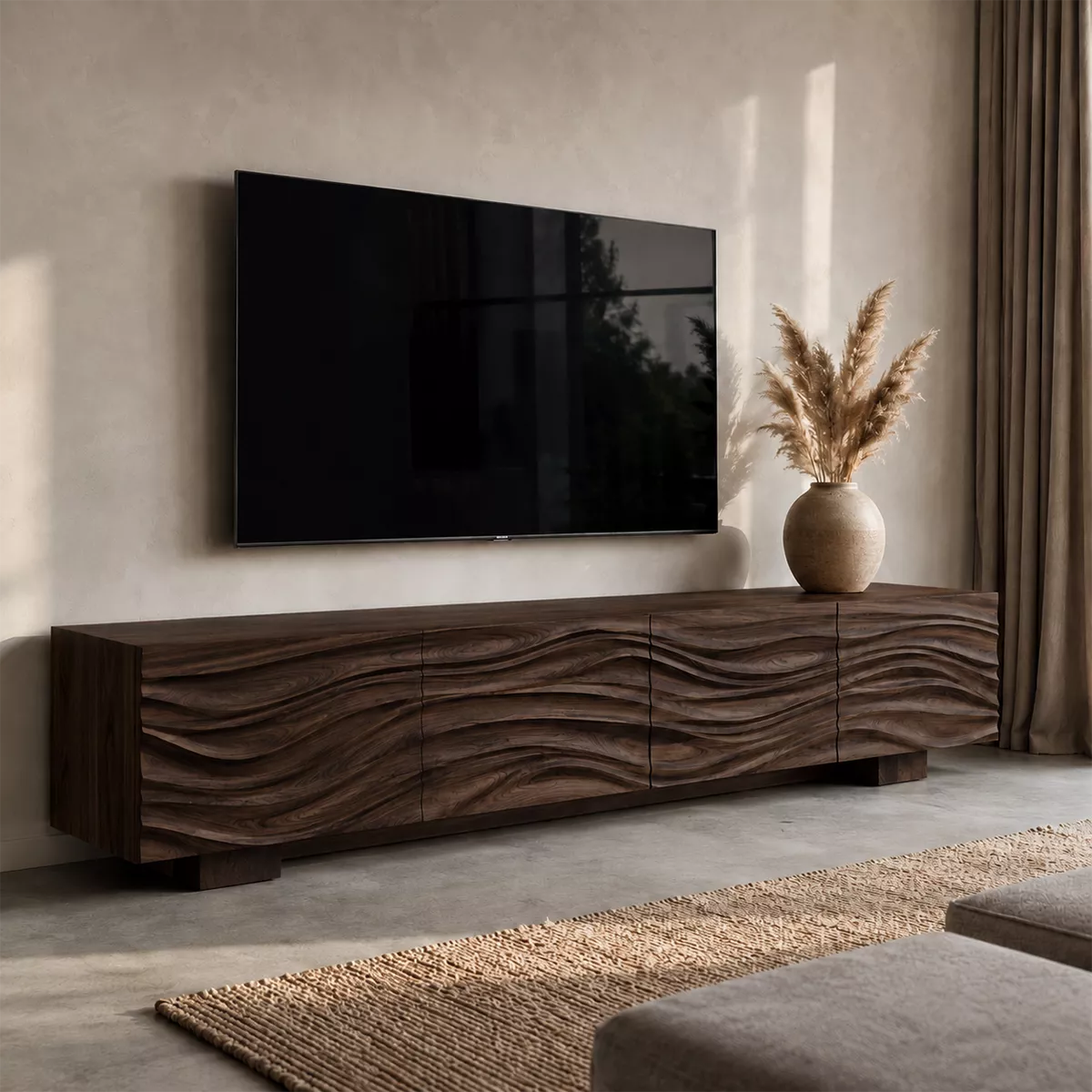 Sculptural Solid Wood TV Stand With Carved Wave Front And Natural Wood Grain For Living Room - Livewoodcraft - 3