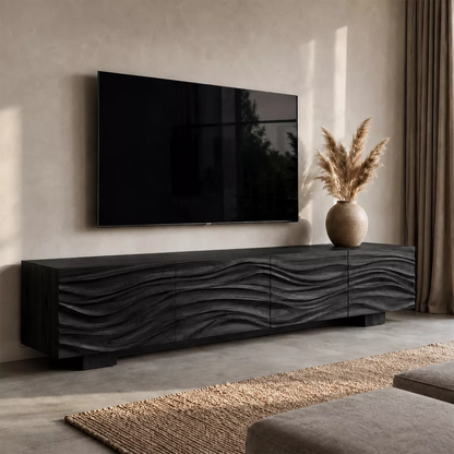 Sculptural Solid Wood TV Stand With Carved Wave Front And Natural Wood Grain For Living Room - Livewoodcraft - 4
