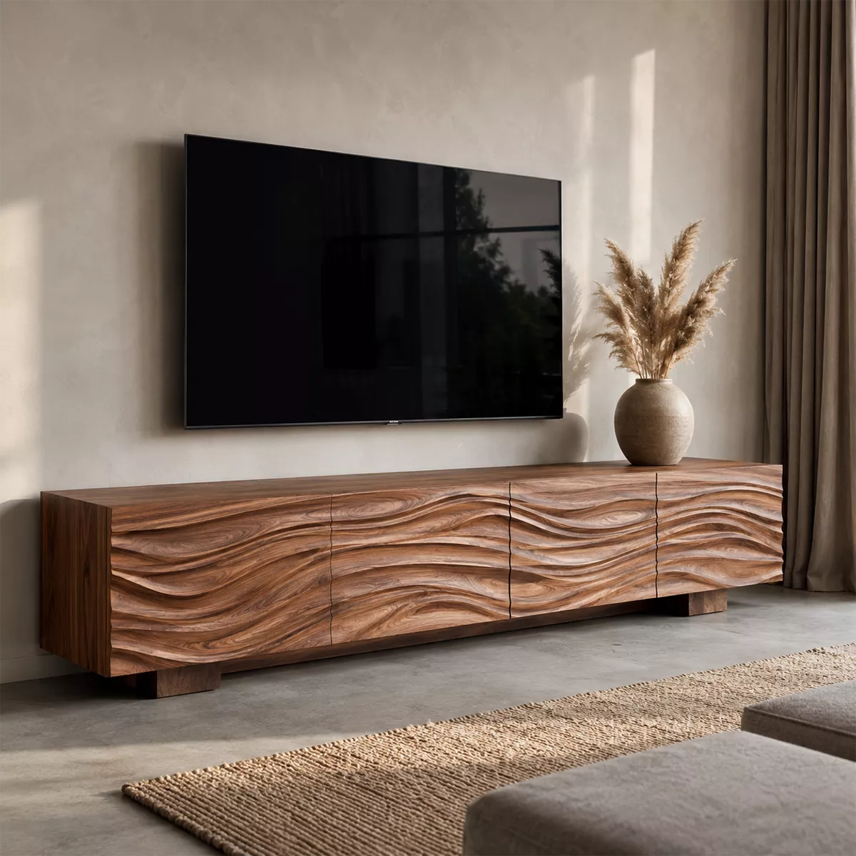 Sculptural Solid Wood TV Stand With Carved Wave Front And Natural Wood Grain For Living Room - Livewoodcraft - 5