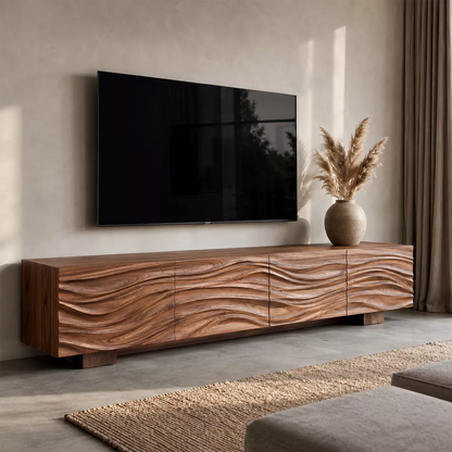 Sculptural Solid Wood TV Stand With Carved Wave Front And Natural Wood Grain For Living Room - Livewoodcraft - 5