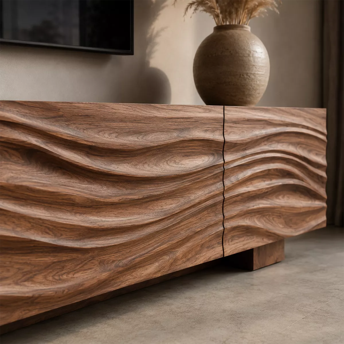 Sculptural Solid Wood TV Stand With Carved Wave Front And Natural Wood Grain For Living Room - Livewoodcraft - 6