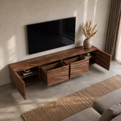 Sculptural Solid Wood TV Stand With Carved Wave Front And Natural Wood Grain For Living Room - Livewoodcraft - 7