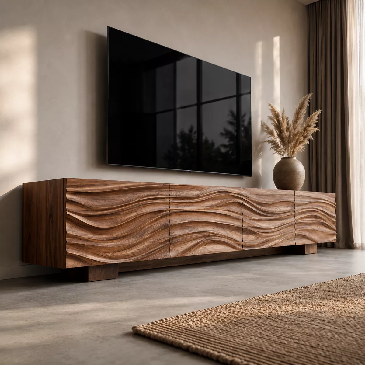 Sculptural Solid Wood TV Stand With Carved Wave Front And Natural Wood Grain For Living Room - Livewoodcraft - 8