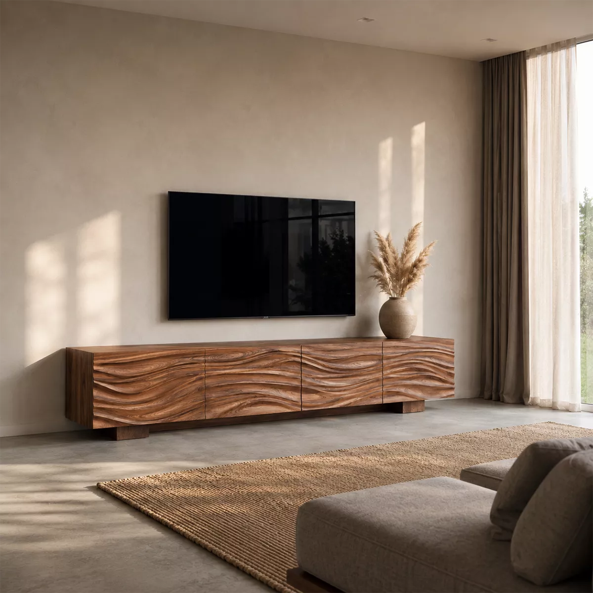 Sculptural Solid Wood TV Stand With Carved Wave Front And Natural Wood Grain For Living Room - Livewoodcraft - 9