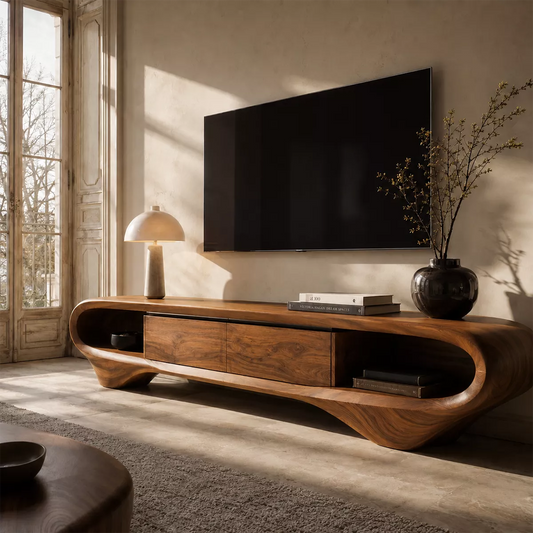 Sculptural Solid Wood TV Stand With Curved Loop Frame, Open Side Shelves And Hidden Drawer Storage For Living Room - Echotimber