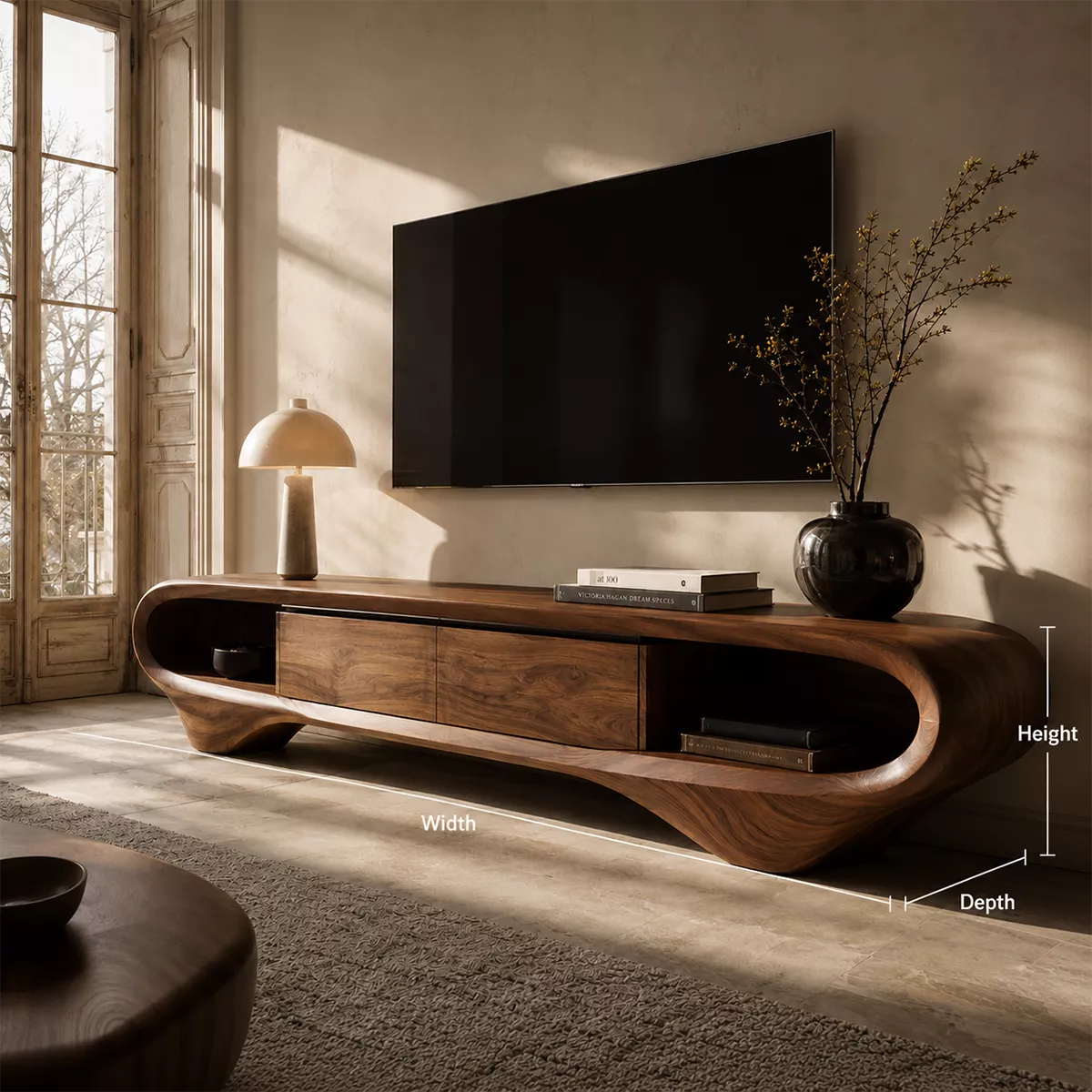 Sculptural Solid Wood TV Stand With Curved Loop Frame, Open Side Shelves And Hidden Drawer Storage For Living Room - Livewoodcraft - 10