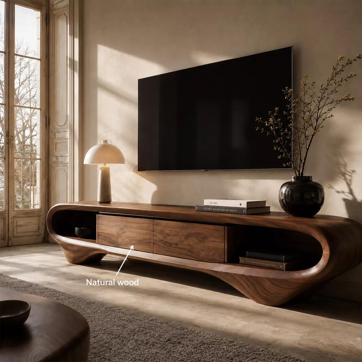 Sculptural Solid Wood TV Stand With Curved Loop Frame, Open Side Shelves And Hidden Drawer Storage For Living Room - Livewoodcraft - 11