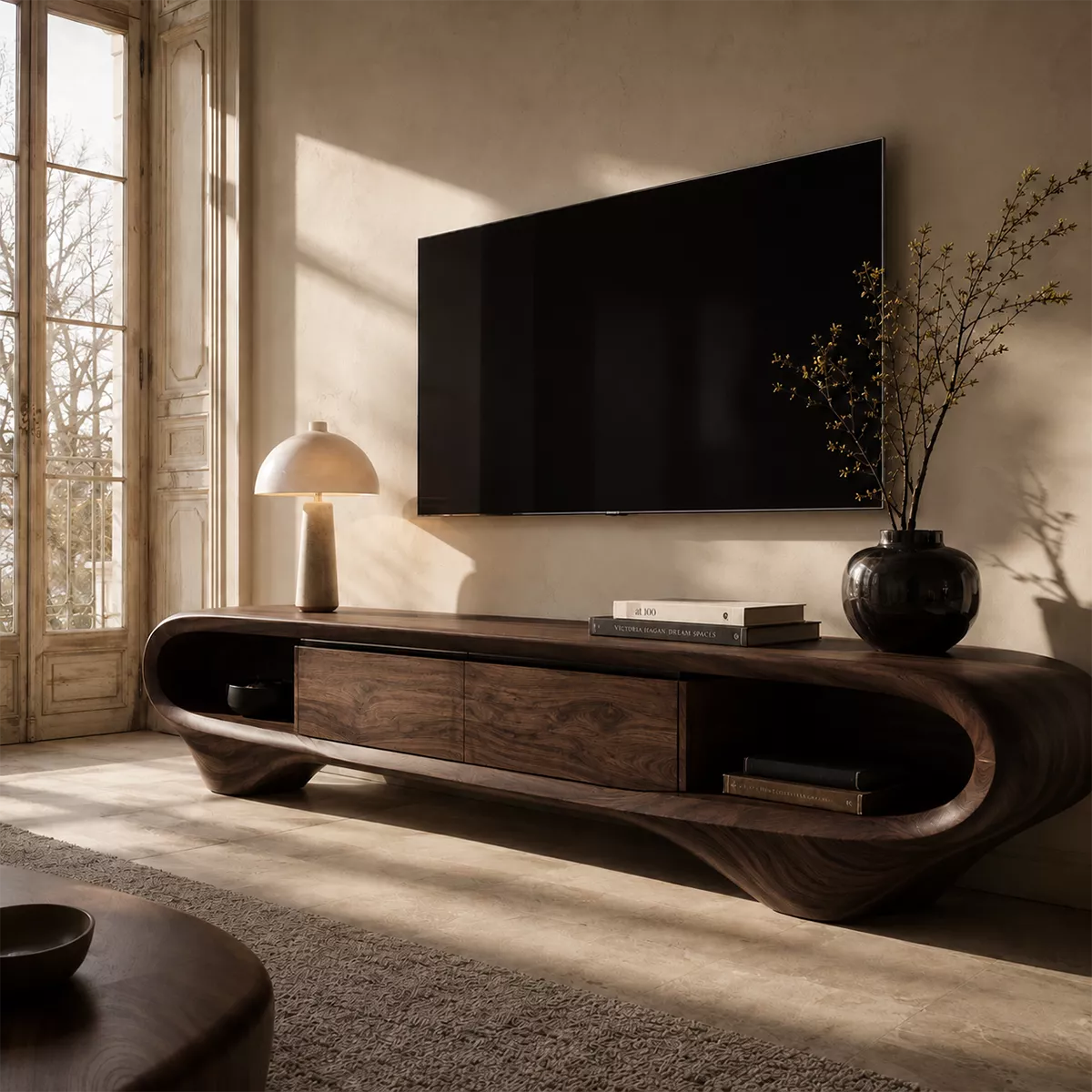 Sculptural Solid Wood TV Stand With Curved Loop Frame, Open Side Shelves And Hidden Drawer Storage For Living Room - Livewoodcraft - 2