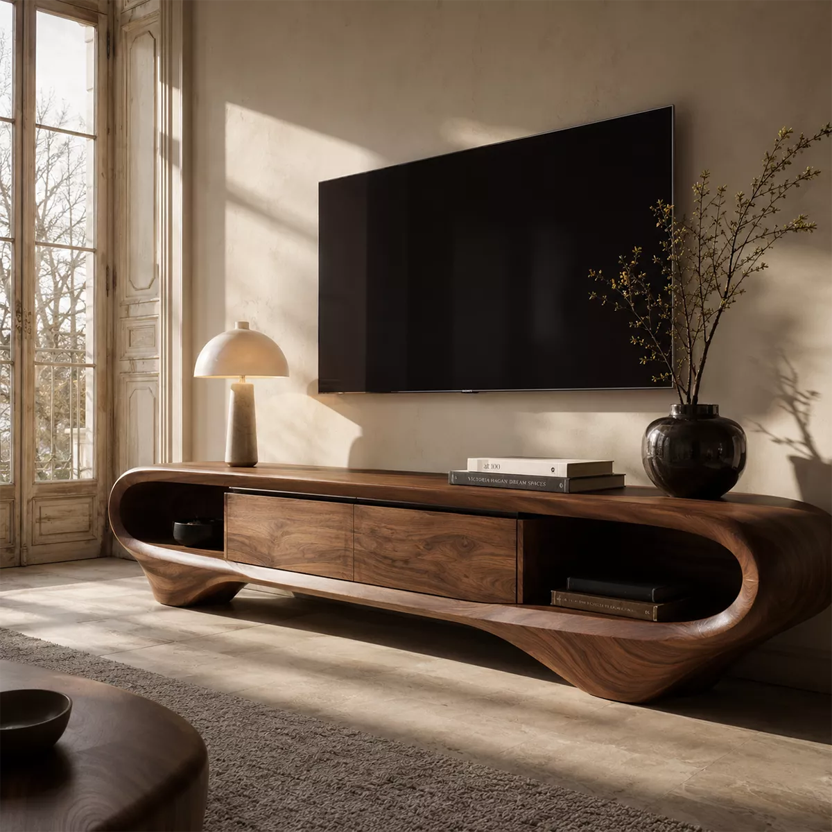 Sculptural Solid Wood TV Stand With Curved Loop Frame, Open Side Shelves And Hidden Drawer Storage For Living Room - Livewoodcraft - 5