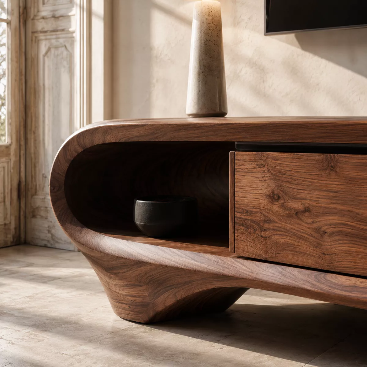 Sculptural Solid Wood TV Stand With Curved Loop Frame, Open Side Shelves And Hidden Drawer Storage For Living Room - Livewoodcraft - 6