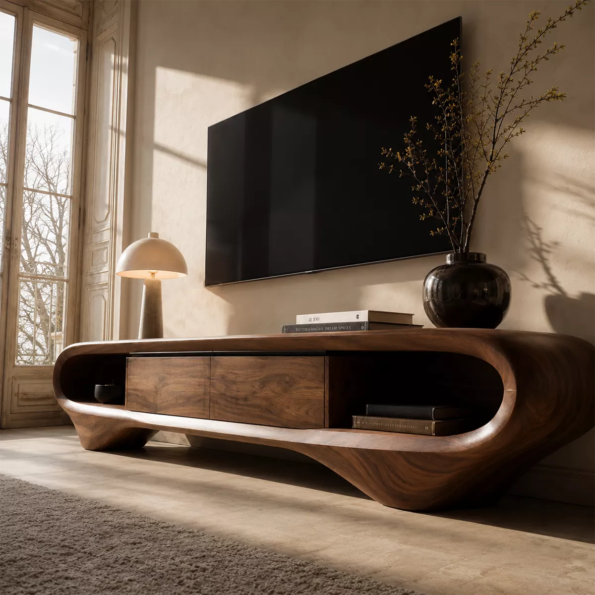 Sculptural Solid Wood TV Stand With Curved Loop Frame, Open Side Shelves And Hidden Drawer Storage For Living Room - Livewoodcraft - 8