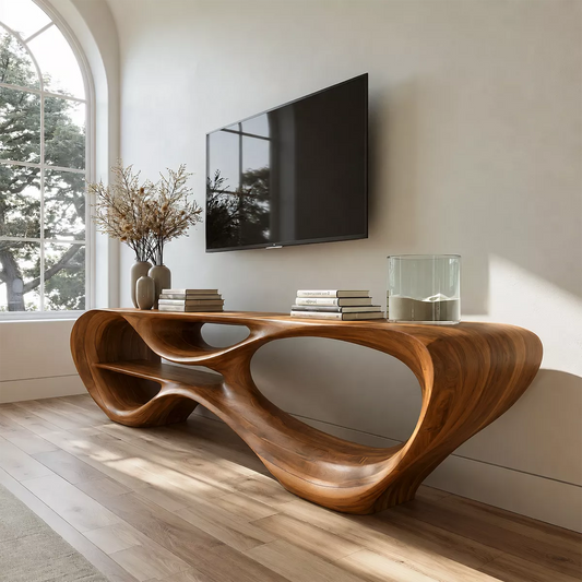 Sculptural Solid Wood TV Stand With Organic Open Frame And Natural Wood Grain For Living Room - Echotimber