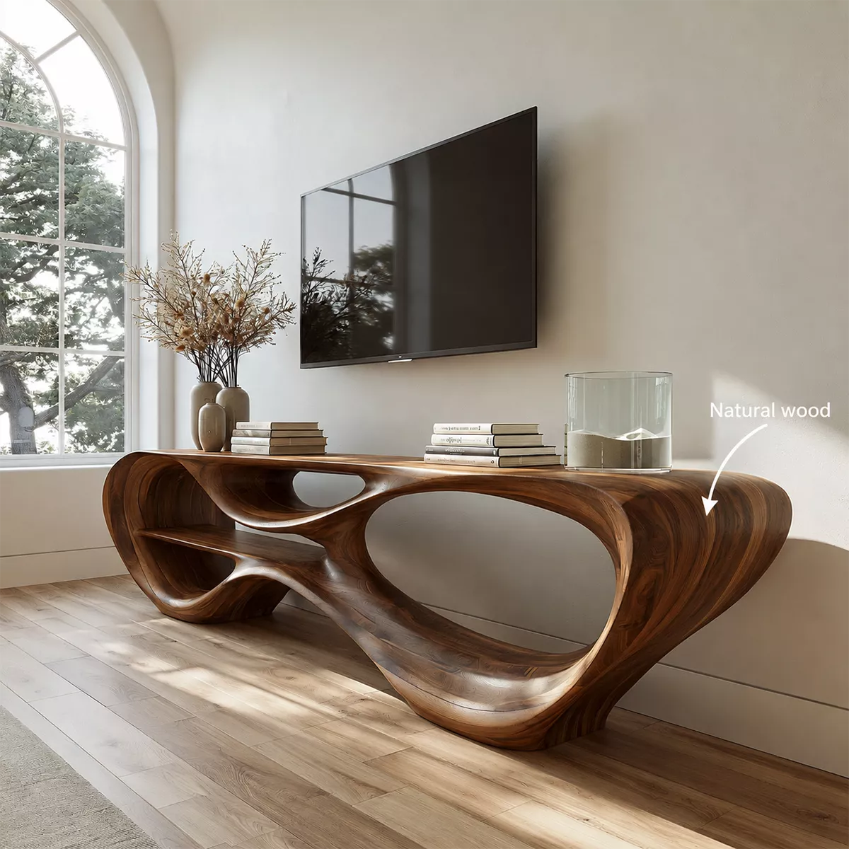 Sculptural Solid Wood TV Stand With Organic Open Frame And Natural Wood Grain For Living Room - Livewoodcraft - 10