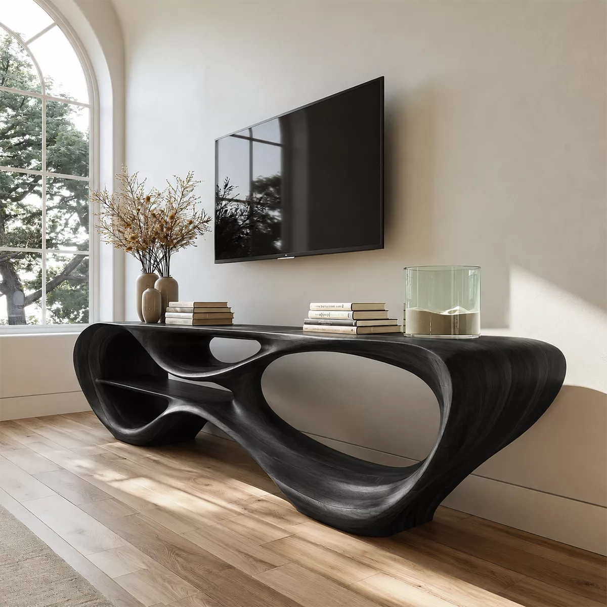 Sculptural Solid Wood TV Stand With Organic Open Frame And Natural Wood Grain For Living Room - Livewoodcraft - 3