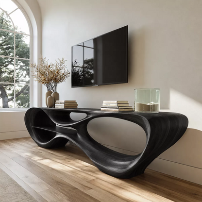 Sculptural Solid Wood TV Stand With Organic Open Frame And Natural Wood Grain For Living Room - Livewoodcraft - 3