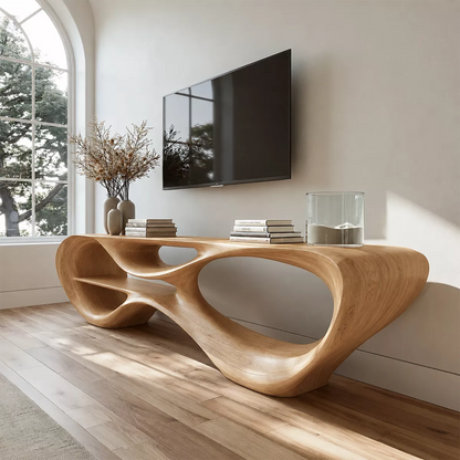 Sculptural Solid Wood TV Stand With Organic Open Frame And Natural Wood Grain For Living Room - Livewoodcraft - 4